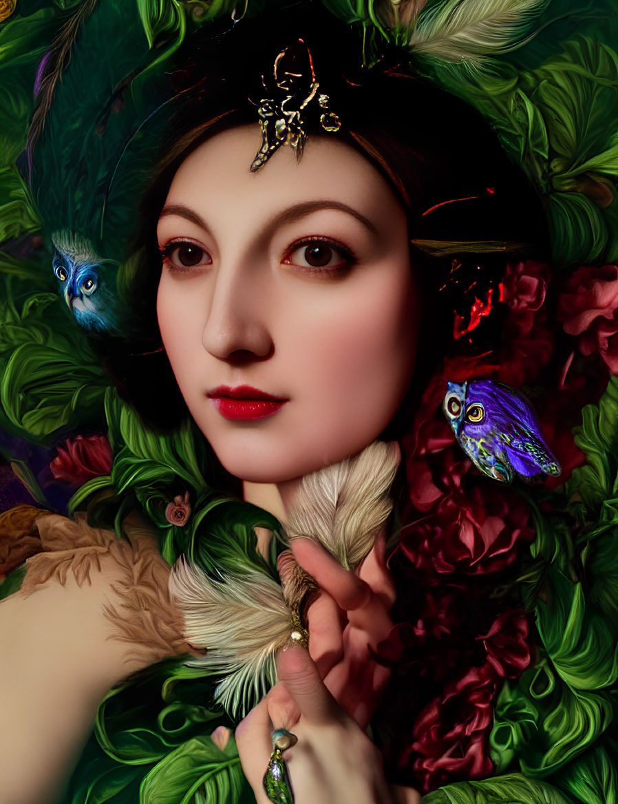 Portrait of woman with pale skin in lush greenery with colorful birds and feather