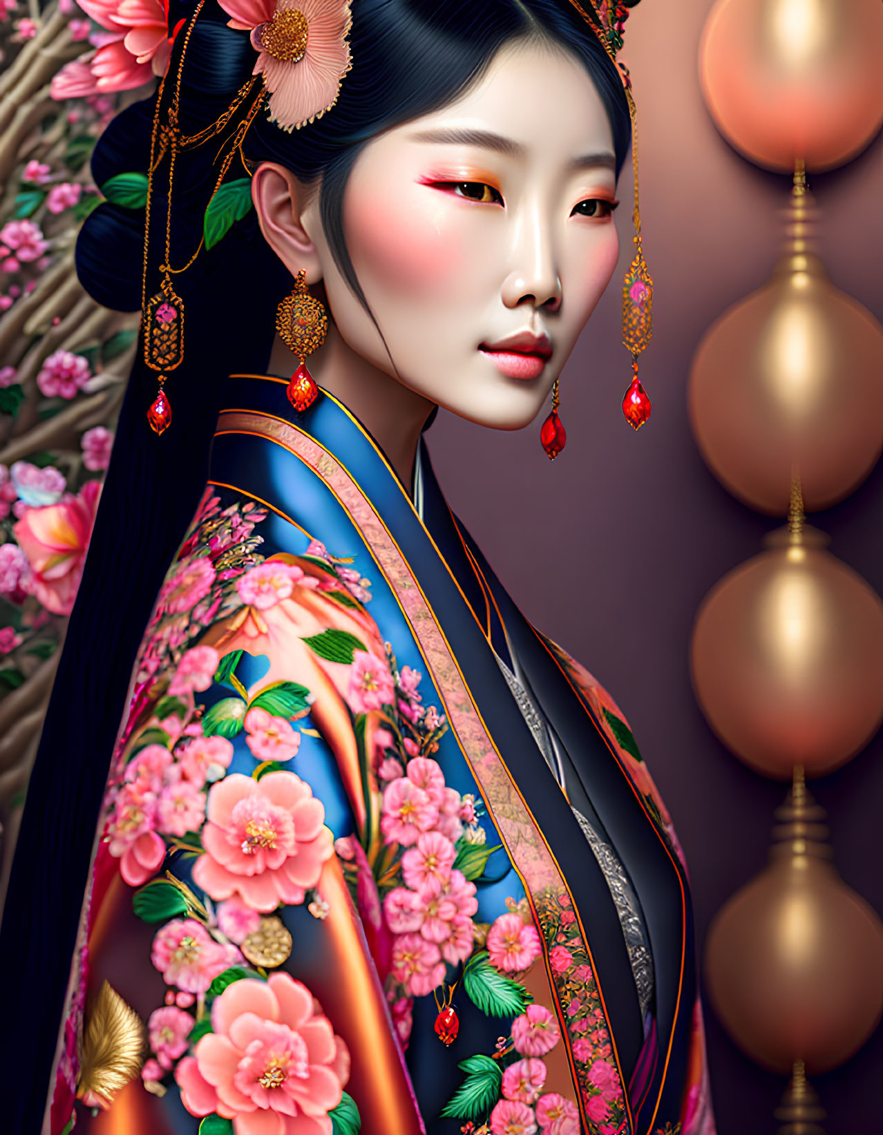 Detailed traditional Asian attire artwork with floral patterns and intricate jewelry.