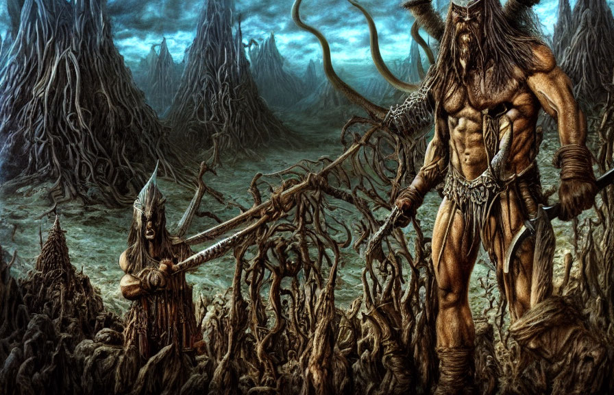 Muscular fantasy figure with staff in dark, twisted forest - creature with tentacles.