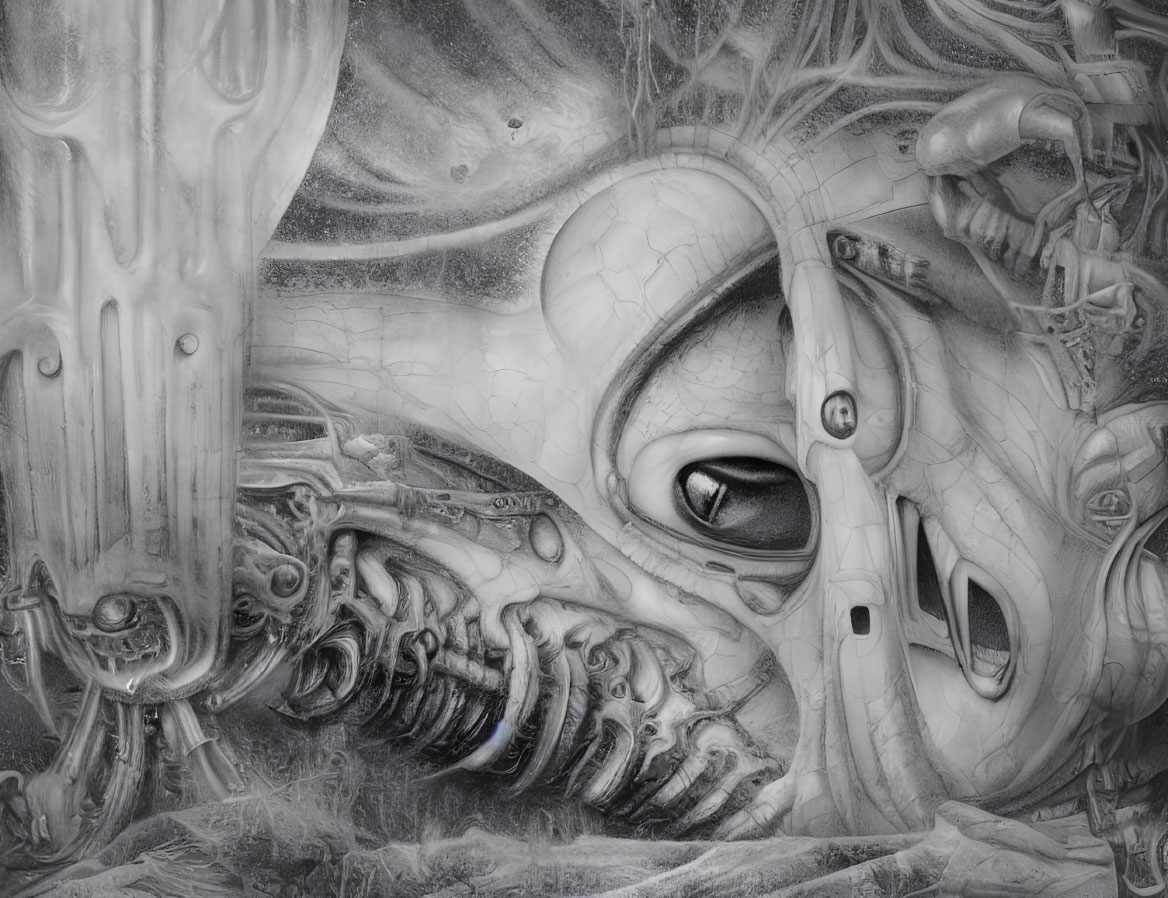 Surreal monochrome artwork: intricate mechanized figure with organic and mechanical elements.