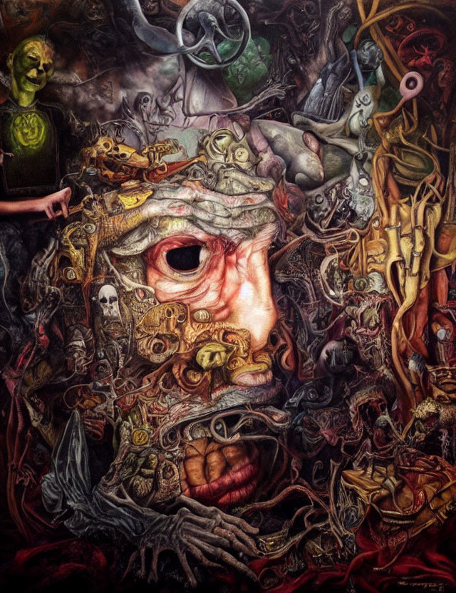 Intricate surreal painting featuring large central eye and eerie elements