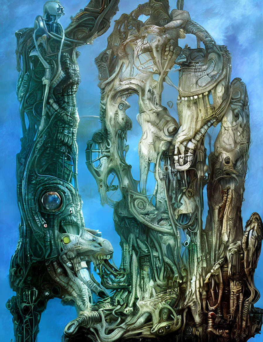 Surreal biomechanical landscape with towering creatures and structures
