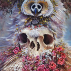 Barn owl on decorated skull with colorful flowers