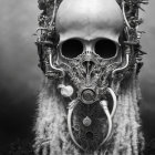 Monochromatic artistic image of skull-headed figure with metal details and fur collar