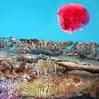 Colorful sci-fi landscape with alien structures and spaceships in a barren terrain