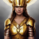 Detailed Golden Armor with Winged Helmet on Person Against Cloudy Background