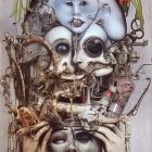 Surreal painting with multiple eyes, faces, tentacles, and fantasy elements