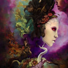Surreal painting of figure with oversized feathered head and ornate eye mask against moody backdrop