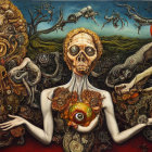 Surreal painting with skeletal figure, oversized eye, and chaotic landscapes