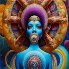 Surreal Artwork of Female Figure with Blue Skin and Floral Halo