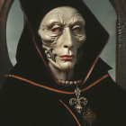 Sinister figure with pale skin and red eyes in black cloak with golden jewelry