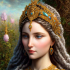 Regal woman with jeweled crown in mystical setting