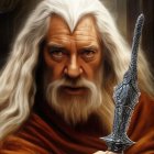 Elderly wizard with long white beard and silver sword in hand