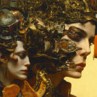 Golden robotic heads with intricate gear and jewel embellishments on warm yellow backdrop