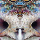 Colorful surreal painting of owl with captivating eyes and kaleidoscope feathers.