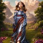 Regal figure in blue and gold dress in fantasy garden setting