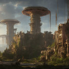 Futuristic cityscape with mushroom-like towers in forest setting