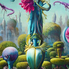 Vibrant surreal alien landscape with humanoid tree creature and snake-like beings