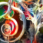 Colorful abstract digital artwork: Twisted tree-like forms with intricate patterns and vibrant, organic landscape.