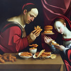 Classical painting style: People feasting on fast food in dark, moody setting