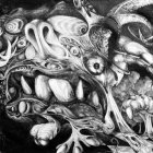 Detailed Monochrome Surreal Drawing of Tentacled Creatures and Human-like Elements