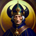 Regal figure in blue and gold robe with crown on golden backdrop