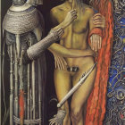 Surrealist painting with nude figure, knights, and cloaked figure