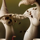 Surreal mechanical bird-like creatures face off with intricate details and a tiny figure amidst cups and sp