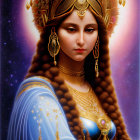 Regal woman in golden headgear and blue attire against cosmic backdrop