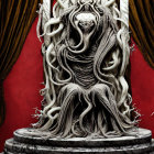 Monochrome statue of creature with tentacles, fangs, and serpent motifs, surrounded by candles on