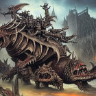 Multi-headed creature with armored warriors in desolate landscape.