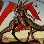 Red-winged mechanical dragon faces off against armored figure in barren setting