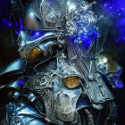 Fantasy armor set with intricate blue designs and glowing elements