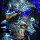 Detailed Silver and Blue Futuristic Knight Armor on Cosmic Background