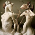 Surreal humanoid figures with spiraled horns and captivating eyes in natural-inspired colors and textures