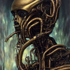 Detailed depiction of humanoid robot with metallic skull and intricate cables