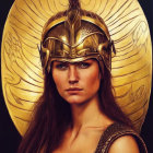 Detailed Golden Helmet and Armor on Woman with Circular Ornament
