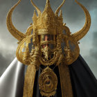 Person in ornate golden helmet and cloak against cloudy sky.