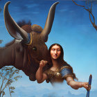 Surreal portrait: Mona Lisa with adorned elephant in serene landscape