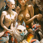 Artwork featuring two women with jewelry, colorful birds, one stern, one gazing down