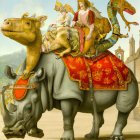 Renaissance woman on armored rhinoceros with golden rectangle
