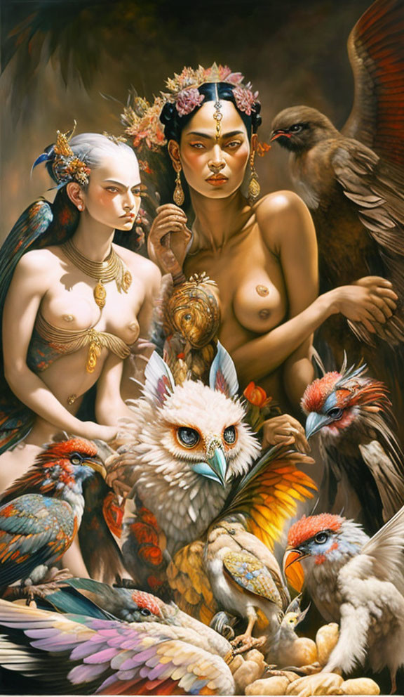 Fantastical women with birds, snake, and mystical aura on dark background