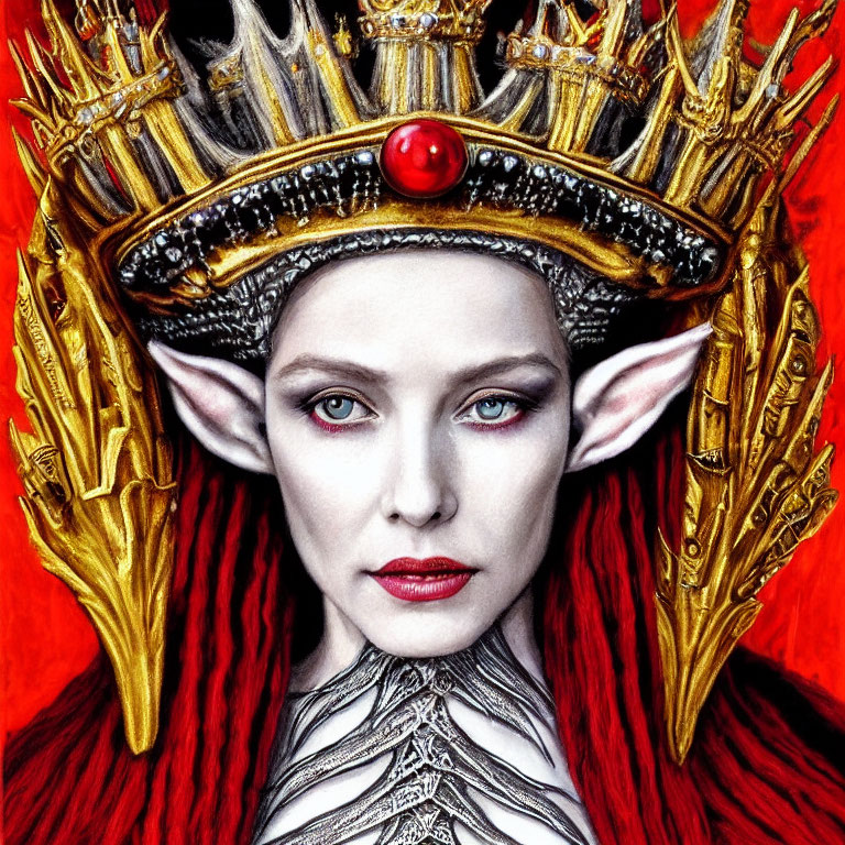 Fantastical portrait of a person with regal crown and striking features