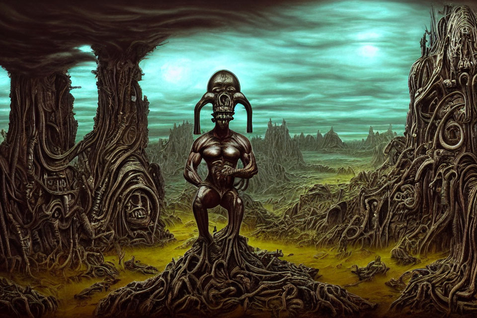 Surreal dark landscape with humanoid figure and twisted organic structures