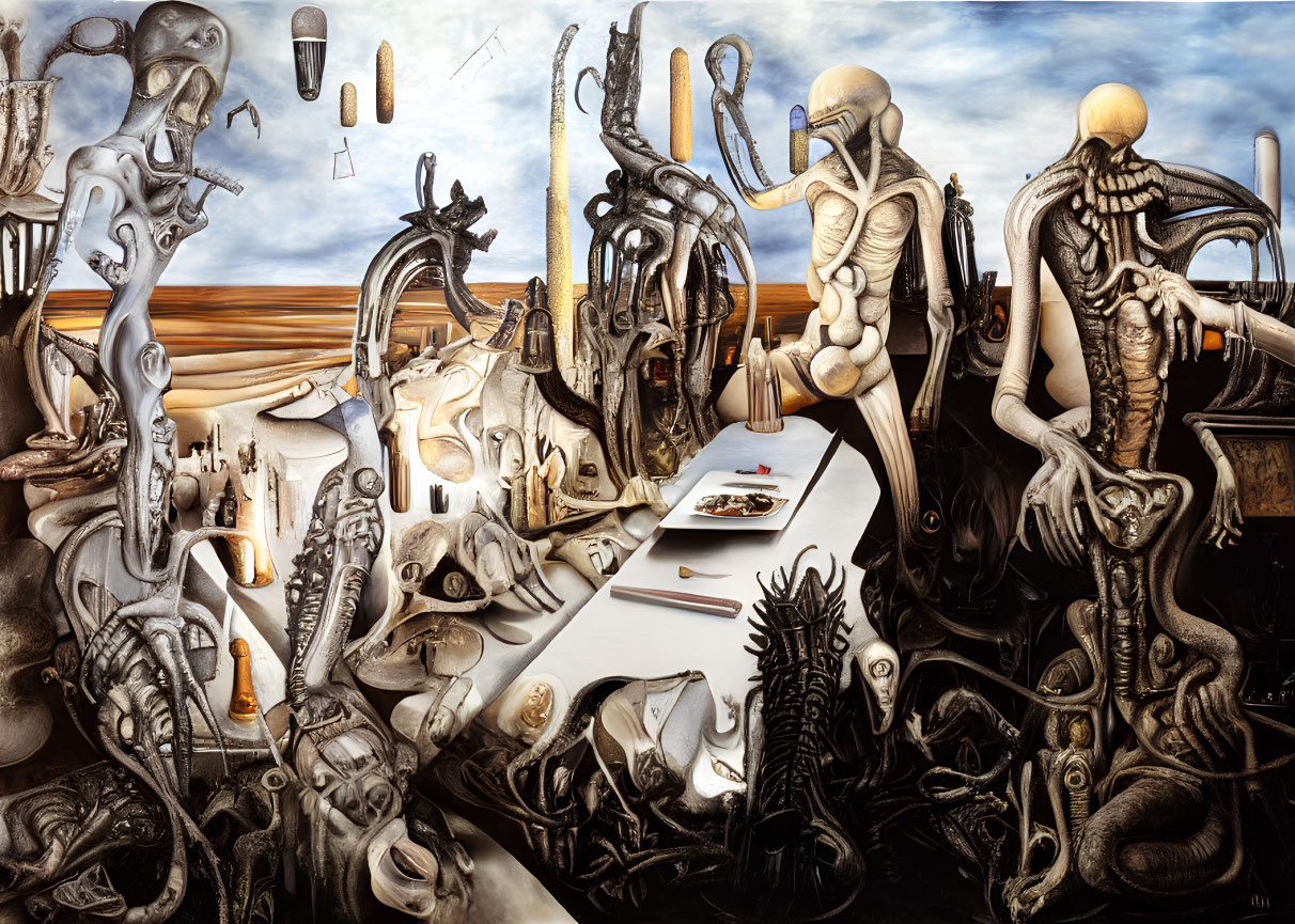 Surreal painting of skeletal figures in a room with disjointed body parts
