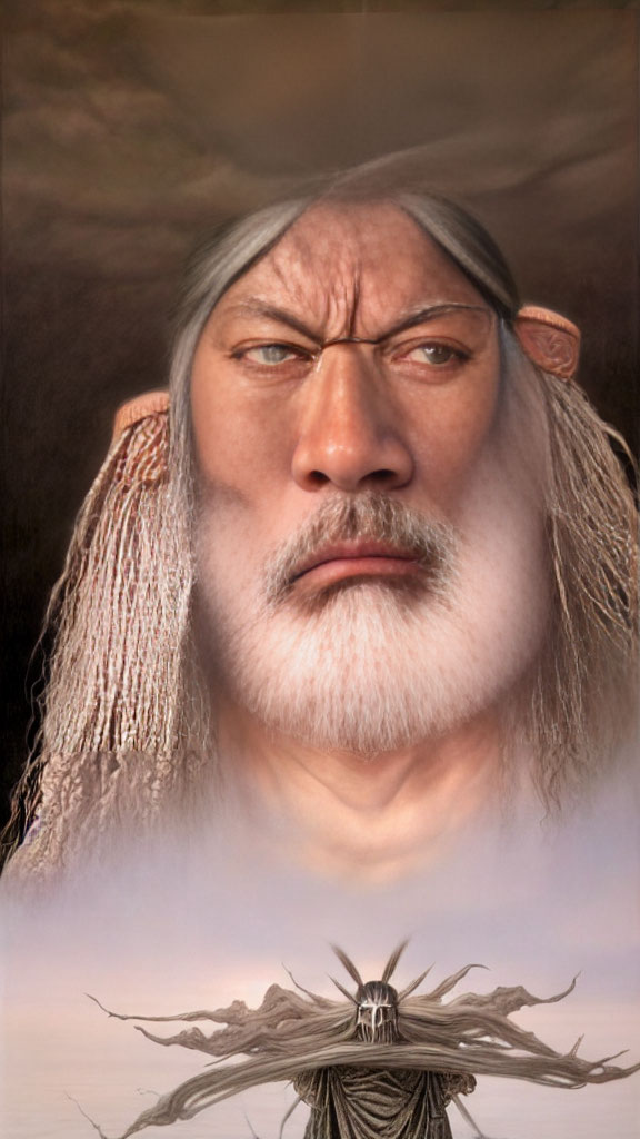 Elderly fantasy character with white hair and pointed ears beside tree structure.