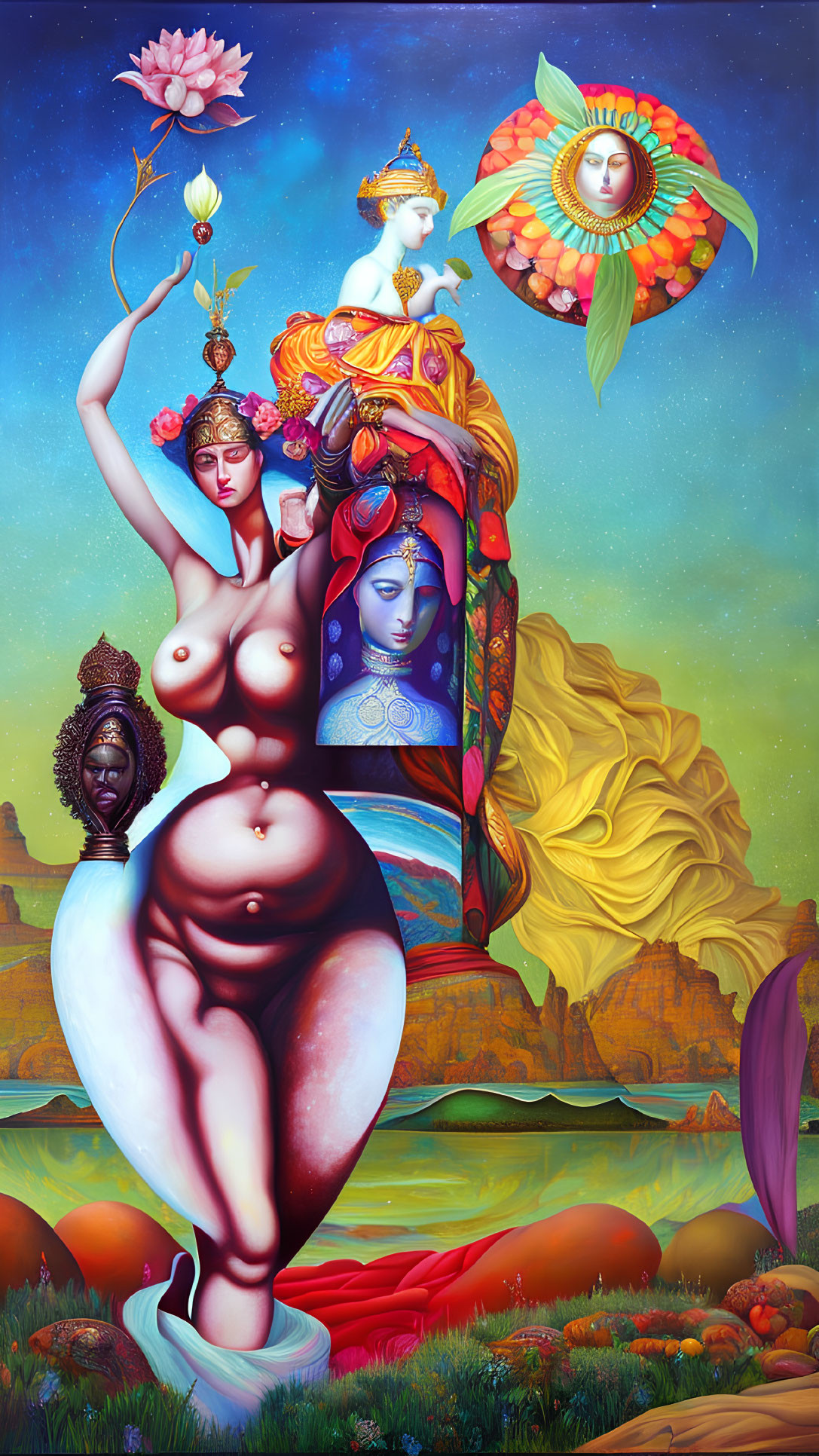 Surreal painting of woman with multiple arms and symbolic items in mythological setting