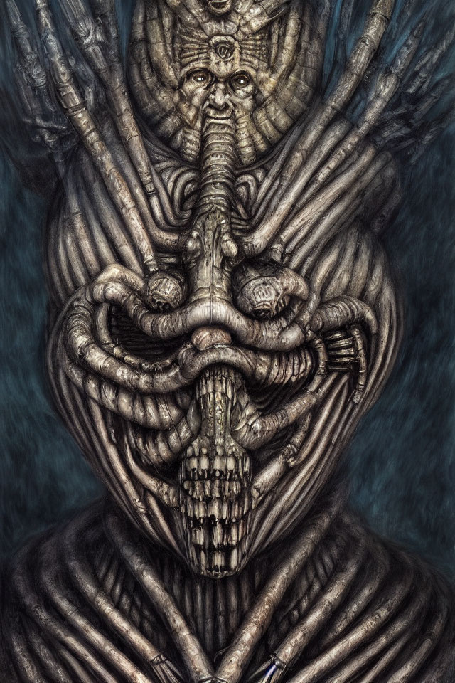 Surreal dark illustration: humanoid figure with elongated limbs and multiple faces.