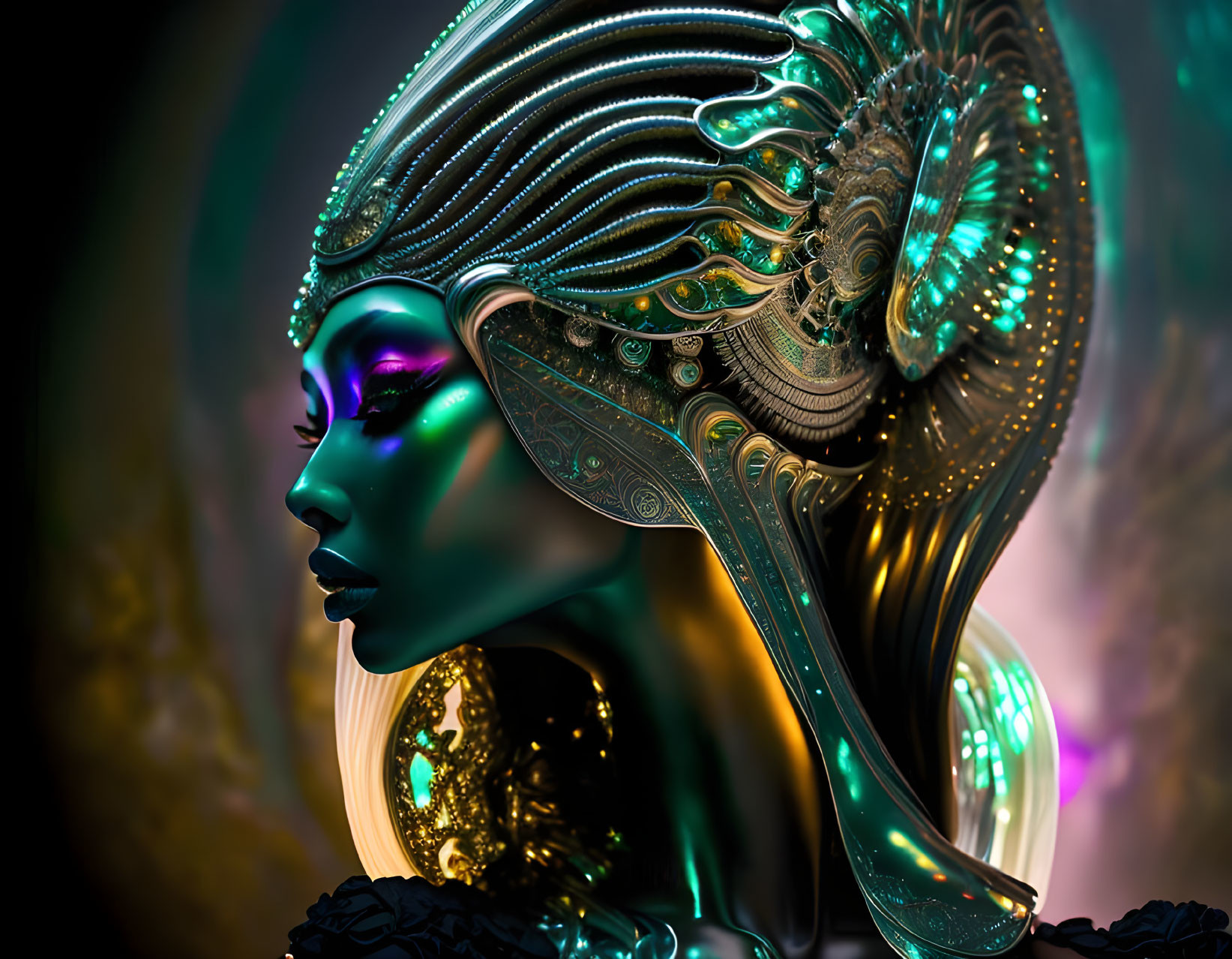 Female Figure with Elaborate Metallic Headdress in Green and Gold Hues