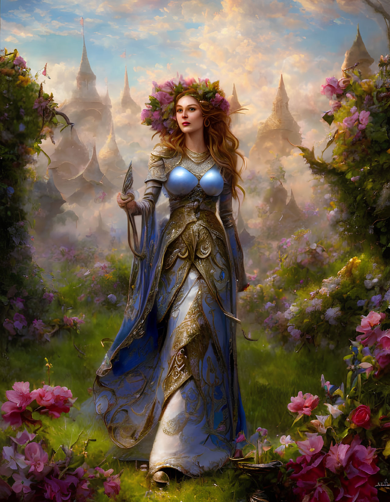 Medieval armored woman with floral crown and sword in misty castle background